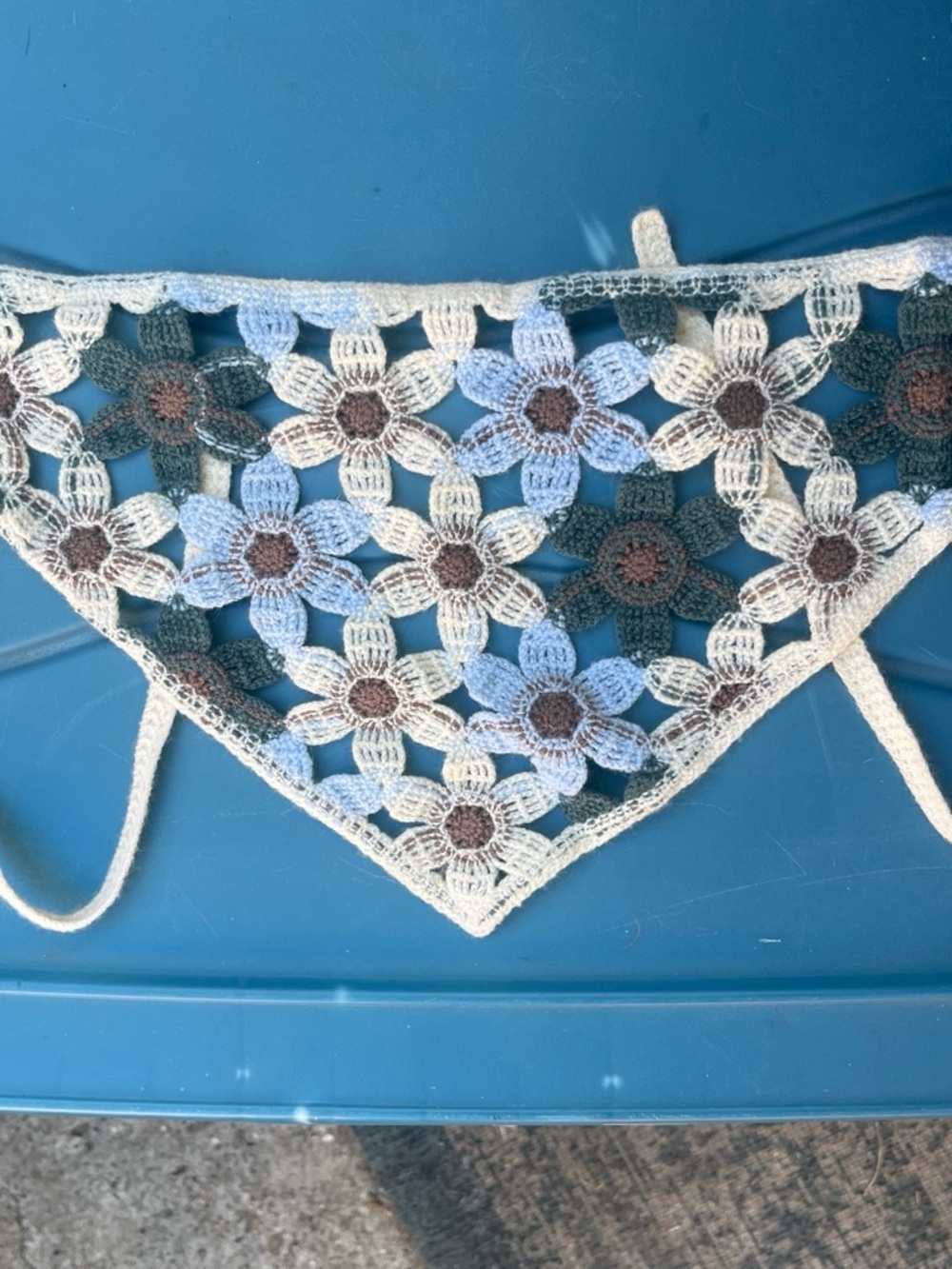 Handmade Crochet Floral Triangle Scarf in Blue, Cream & Brown